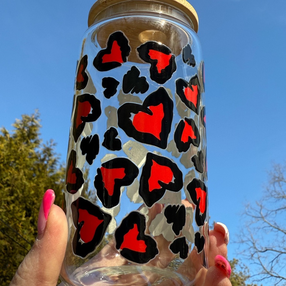Leopard Heart Glass Jar with Bamboo Lid